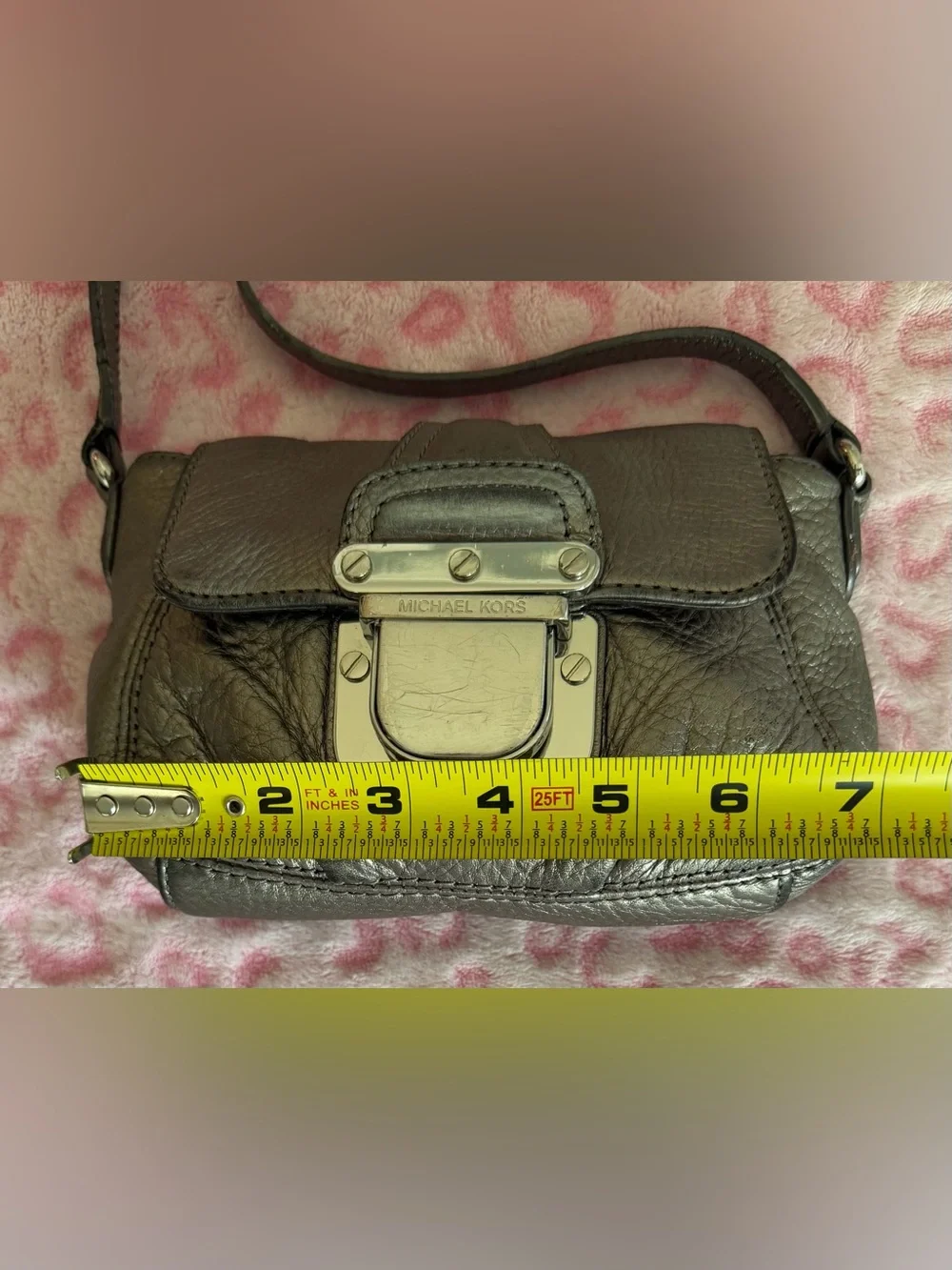 Michael Kors Charlton Small Pebbled Leather  Metallic Silver Color Crossbody Bag